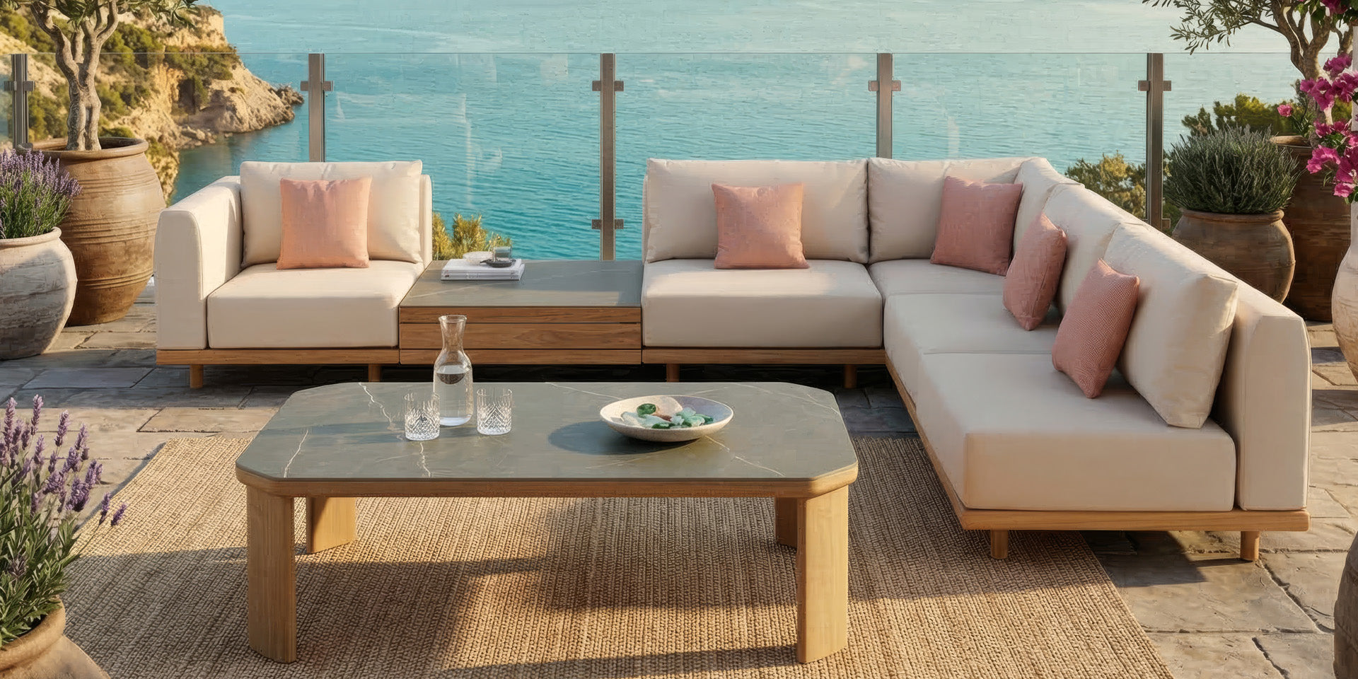 Ex Display Barlow Tyrie Harmony Modular Lounge Set with Bridging Table and Zen Ceramic Coffee Table