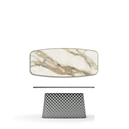 240x120x75h Barrel Shaped_Matt Borghini Calacatta_Mirrored Quilted Fumé Curved Glass_Brushed Grey