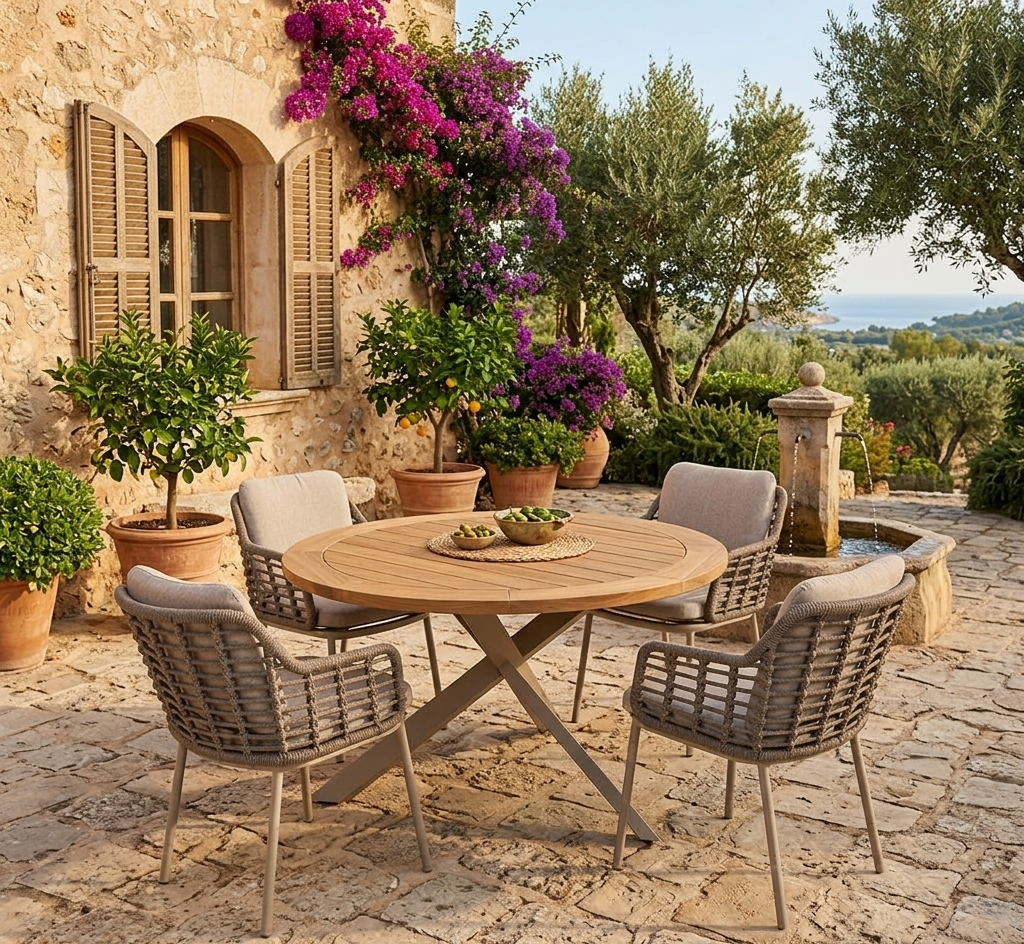 4 Season Outdoor Prado 130cm Latte Legs Teak Top Table with 4 Puglia Dining Chairs