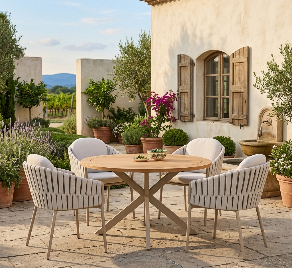 4 Season Outdoor Prado 130cm Latte Legs Teak Top Table with 4 Eva Dining Chairs