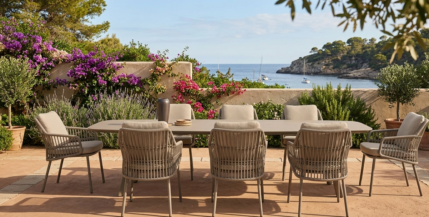 4 Seasons Outdoor Alicante 8 seat with Manolo 240cm Barrel Ceramic Dining Table