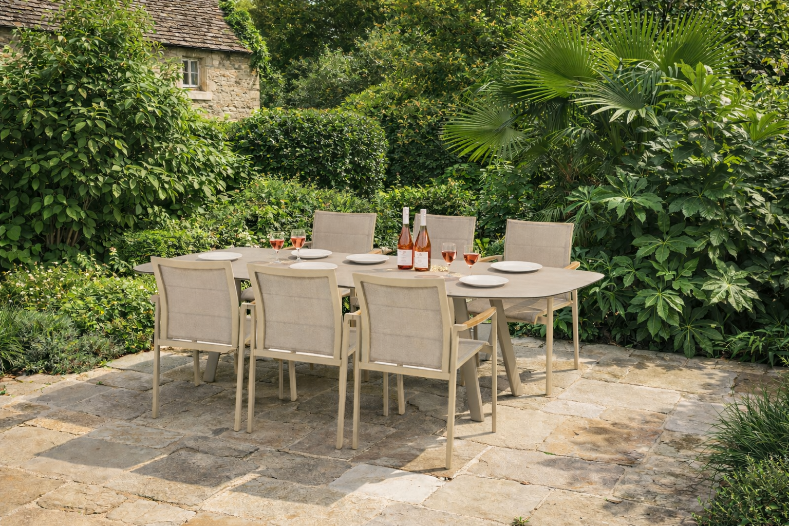 4 Seasons Outdoor Cortina 6 Seat with Manolo 240cm Barrel Ceramic Dining Table