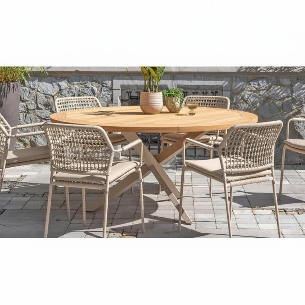 4 Seasons Outdoor Prado Dining Table 160 cm Ø With Natural Teak Top And Latte Legs