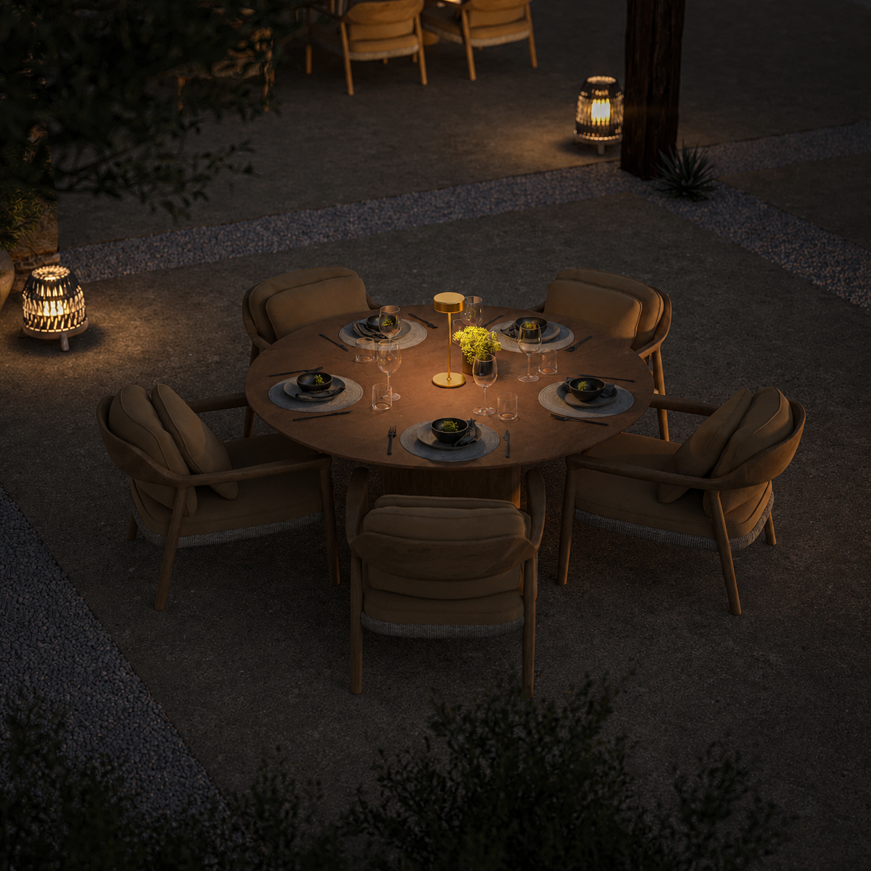 40% Discount Ex Display | Manutti Ogado Low 148cm Round Rust Ceramic Dining Table with 5 Yiko Lounge Chairs and deco cushions | Perfect Condition