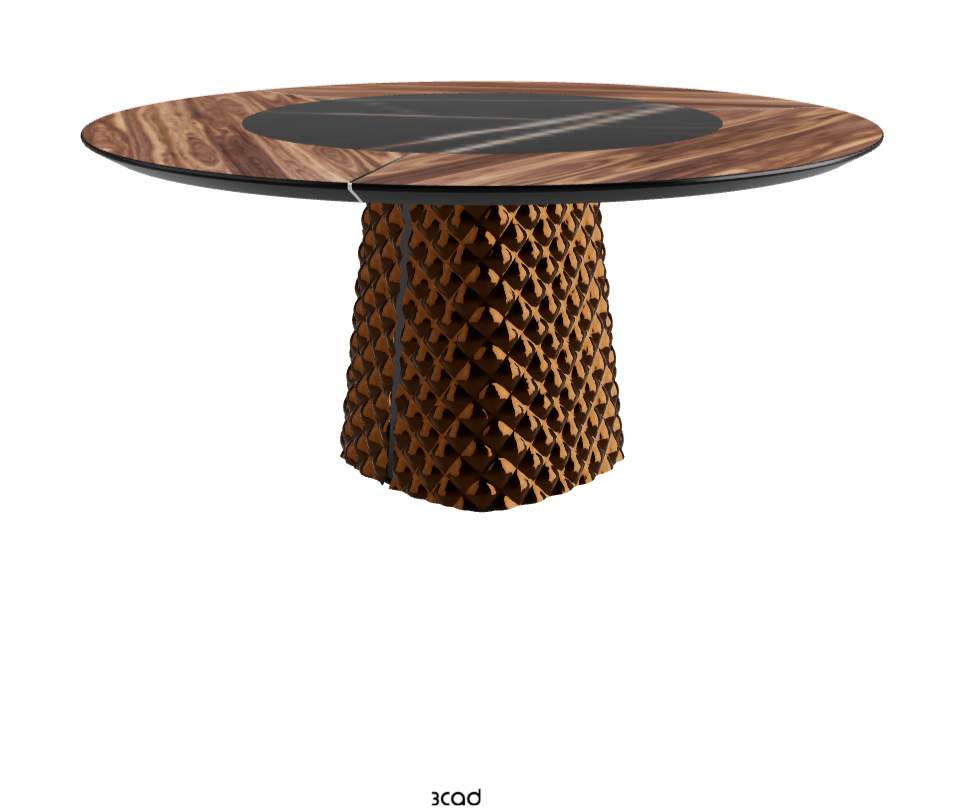 Diameter 160 x Height 74.5 cm_Walnut Canaletto_Mirrored Quilted Bronze Curved Glass_Glossy Sahara Noir
