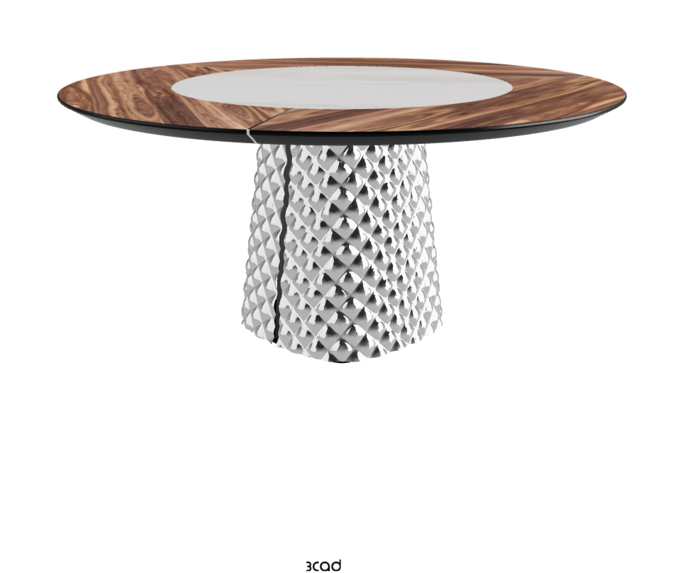 T Diameter 160 x Height 74.5 cm With Swivel_Walnut Canaletto_Mirrored Quilted Fumé Curved Glass_Glossy Golden Calacatta