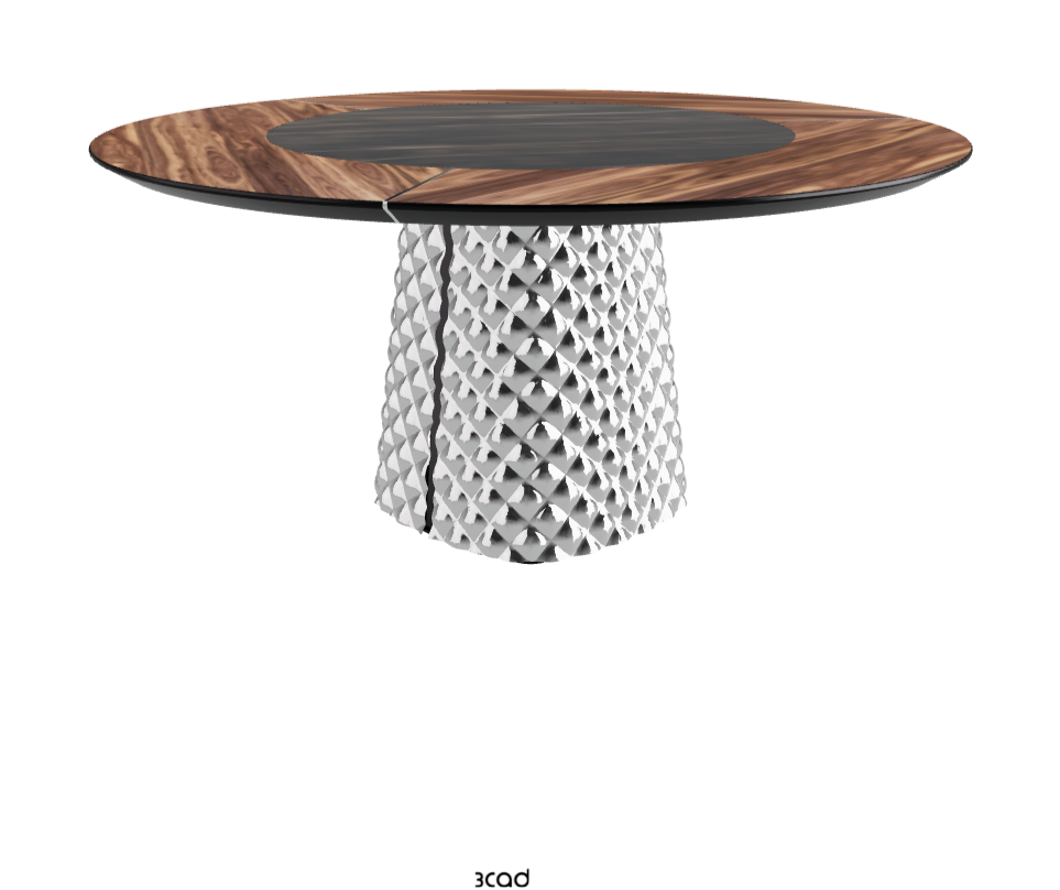 T Diameter 160 x Height 74.5 cm With Swivel_Walnut Canaletto_Mirrored Quilted Fumé Curved Glass_Glossy Portoro