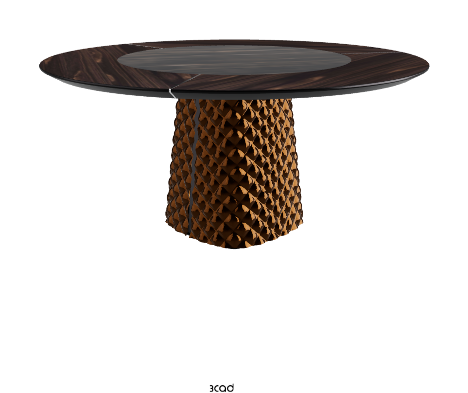 T Diameter 160 x Height 74.5 cm With Swivel_Burned Oak_Mirrored Quilted Bronze Curved Glass_Glossy Portoro
