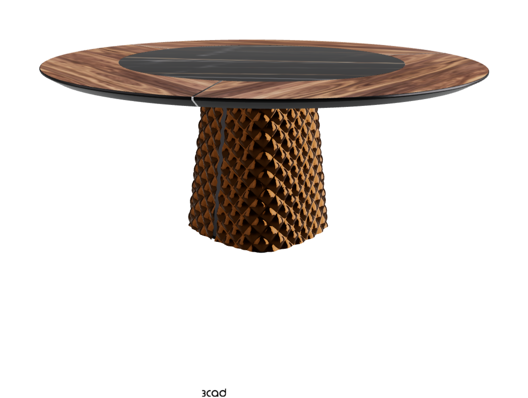 Diameter 180 x Height 74.5 cm_Walnut Canaletto_Mirrored Quilted Bronze Curved Glass_Glossy Sahara Noir