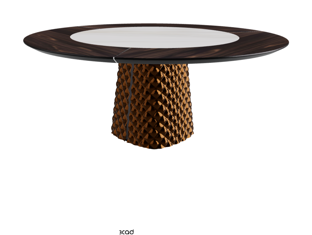 Diameter 180 x Height 74.5 cm_Burned Oak_Mirrored Quilted Bronze Curved Glass_Matt Golden Calacatta