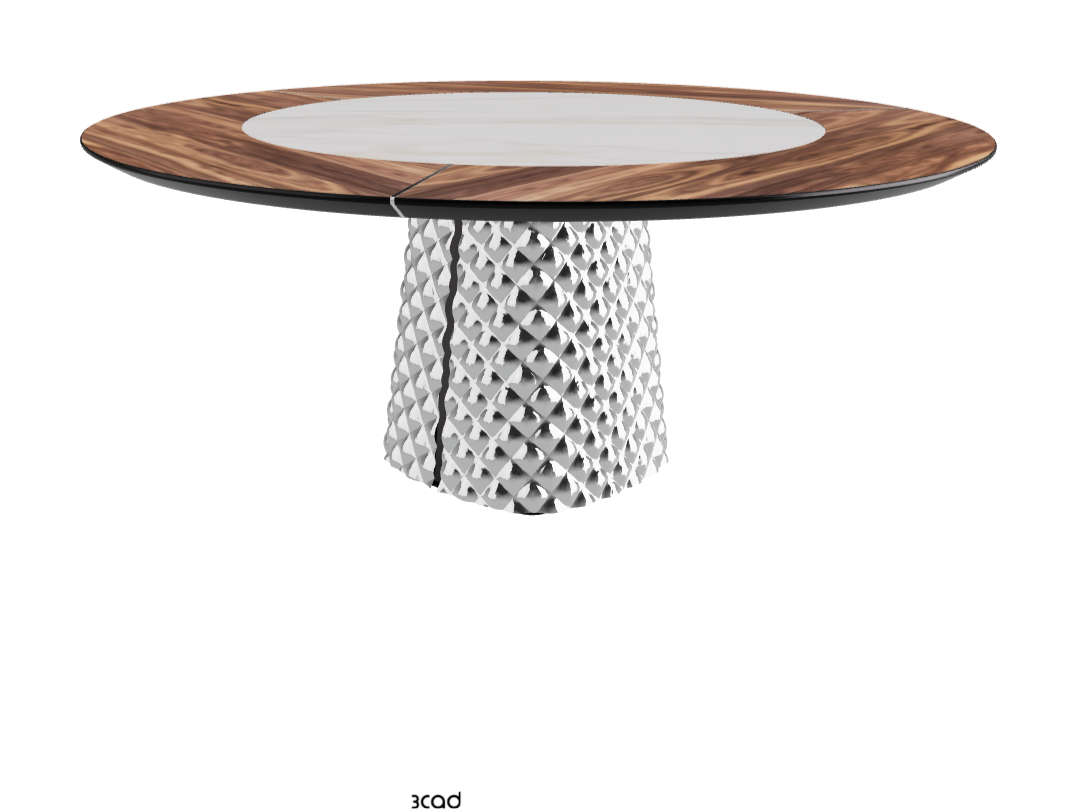 T Diameter 180 x Height 74.5 cm With Swivel_Walnut Canaletto_Mirrored Quilted Fumé Curved Glass_Glossy Golden Calacatta