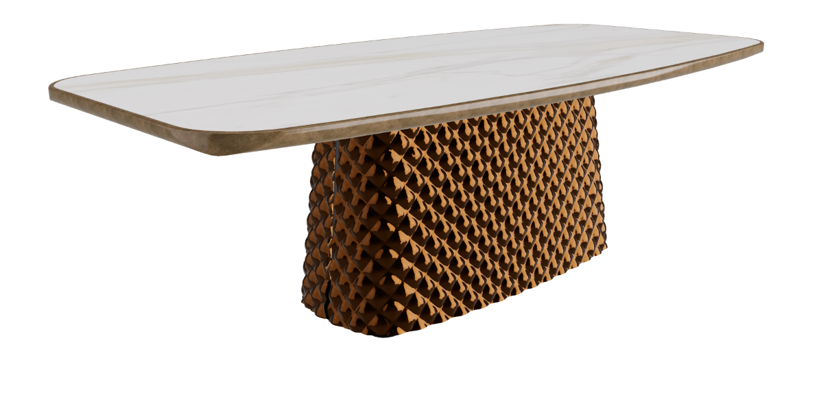 240x120x75h Barrel Shaped_Matt Golden Calacatta_Mirrored Quilted Bronze Curved Glass_Brushed Bronze