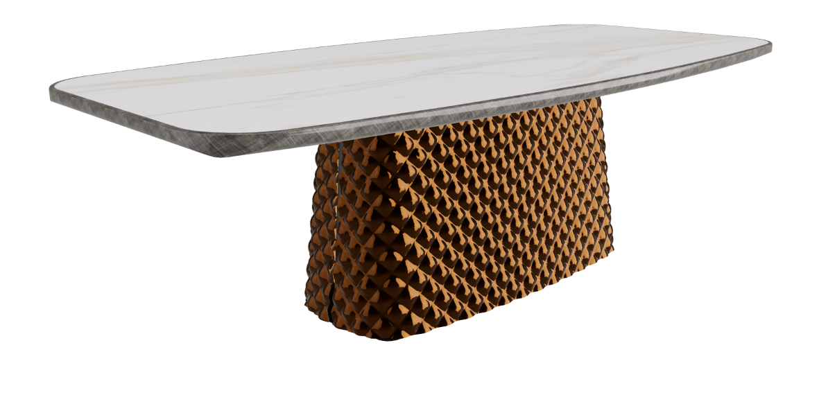 240x120x75h Barrel Shaped_Matt Golden Calacatta_Mirrored Quilted Bronze Curved Glass_Brushed Grey