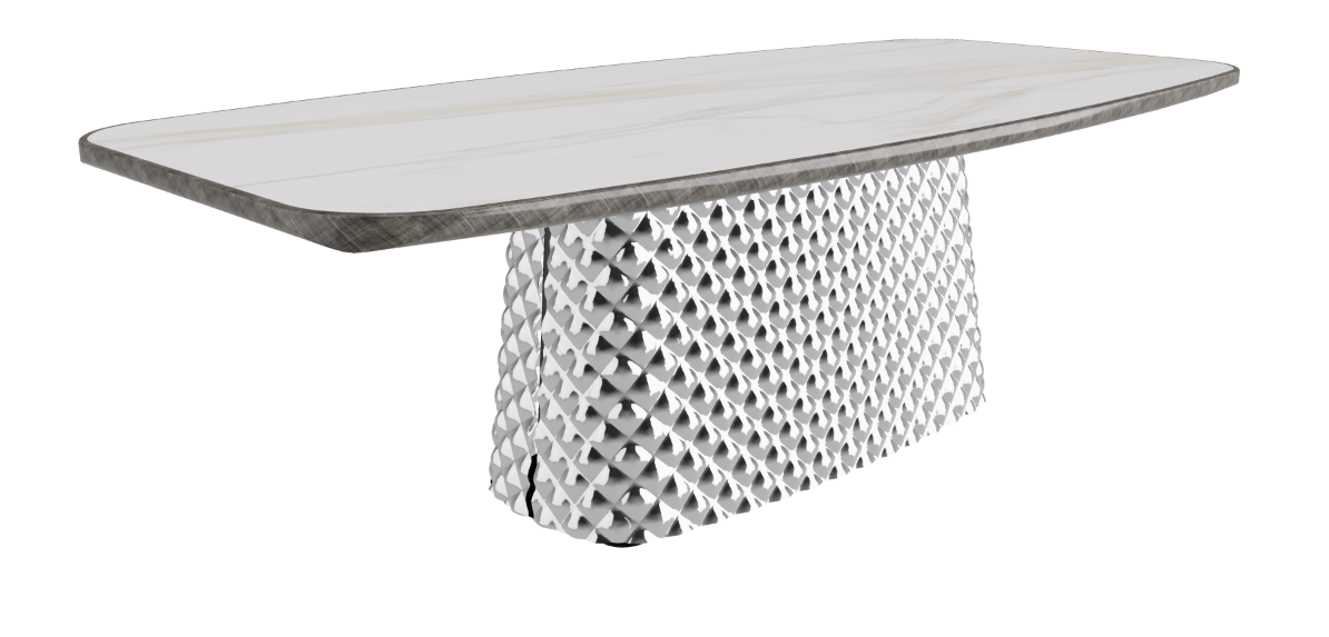240x120x75h Barrel Shaped_Matt Golden Calacatta_Mirrored Quilted Fumé Curved Glass_Brushed Grey