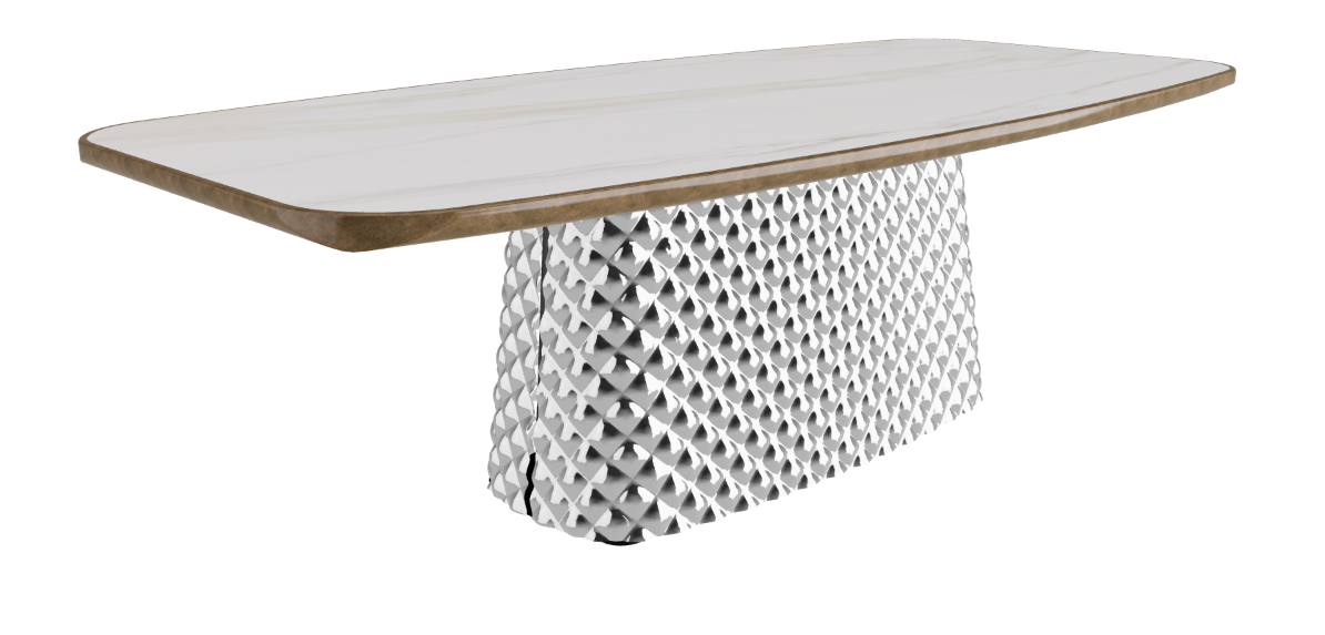 240x120x75h Barrel Shaped_Glossy Golden Calacatta_Mirrored Quilted Fumé Curved Glass_Brushed Bronze