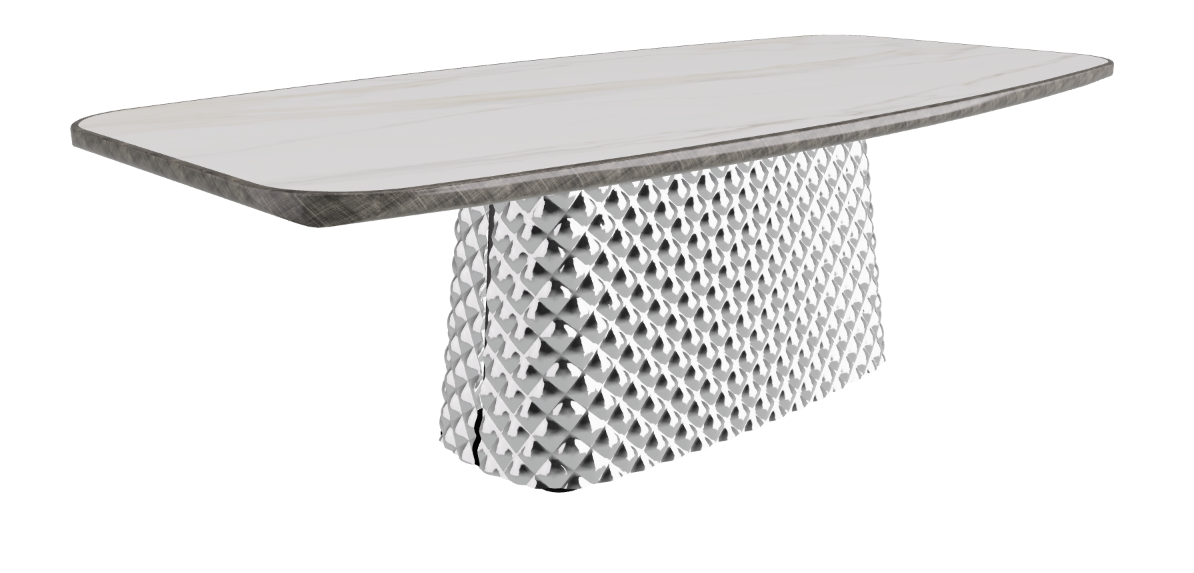 240x120x75h Barrel Shaped_Glossy Golden Calacatta_Mirrored Quilted Fumé Curved Glass_Brushed Grey