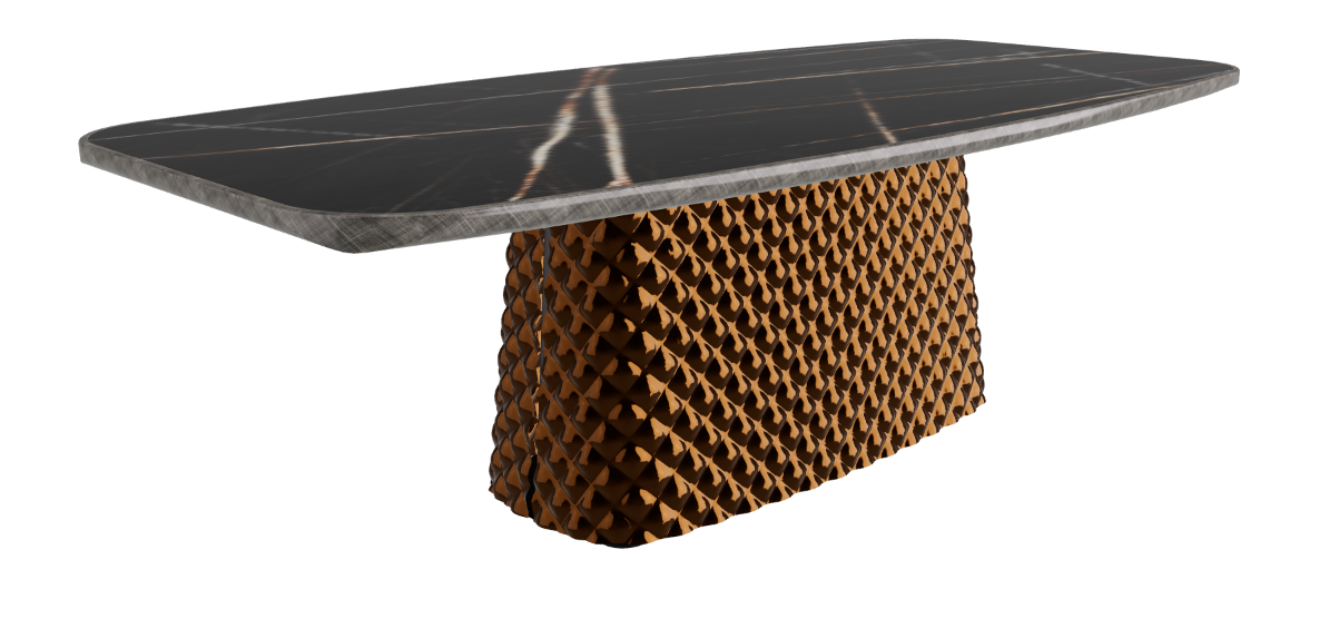 240x120x75h Barrel Shaped_Glossy Sahara Noir_Mirrored Quilted Bronze Curved Glass_Brushed Grey