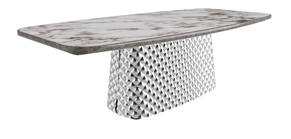 240x120x75h Barrel Shaped_Breccia_Mirrored Quilted Fumé Curved Glass_Brushed Grey