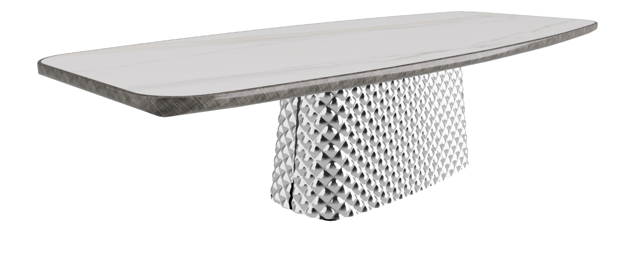 300x128x75h Barrel Shaped_Glossy Golden Calacatta_Mirrored Quilted Fumé Curved Glass_Brushed Grey