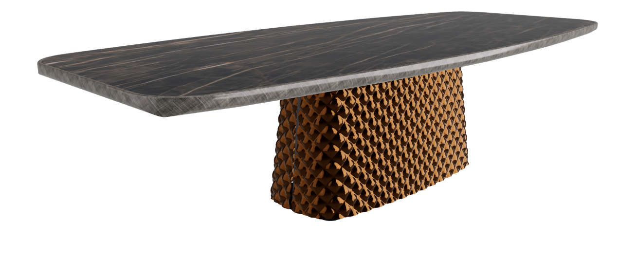 300x128x75h Barrel Shaped_Glossy Portoro_Mirrored Quilted Bronze Curved Glass_Brushed Grey
