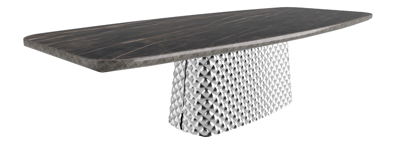 300x128x75h Barrel Shaped_Glossy Portoro_Mirrored Quilted Fumé Curved Glass_Brushed Grey