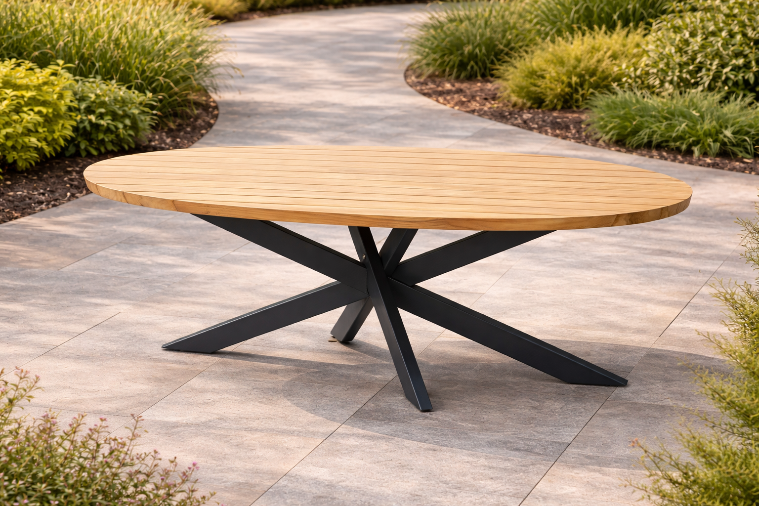 Prado Dining Table Ellipse 240 X 115 Cm Natural Teak Anthracite Legs