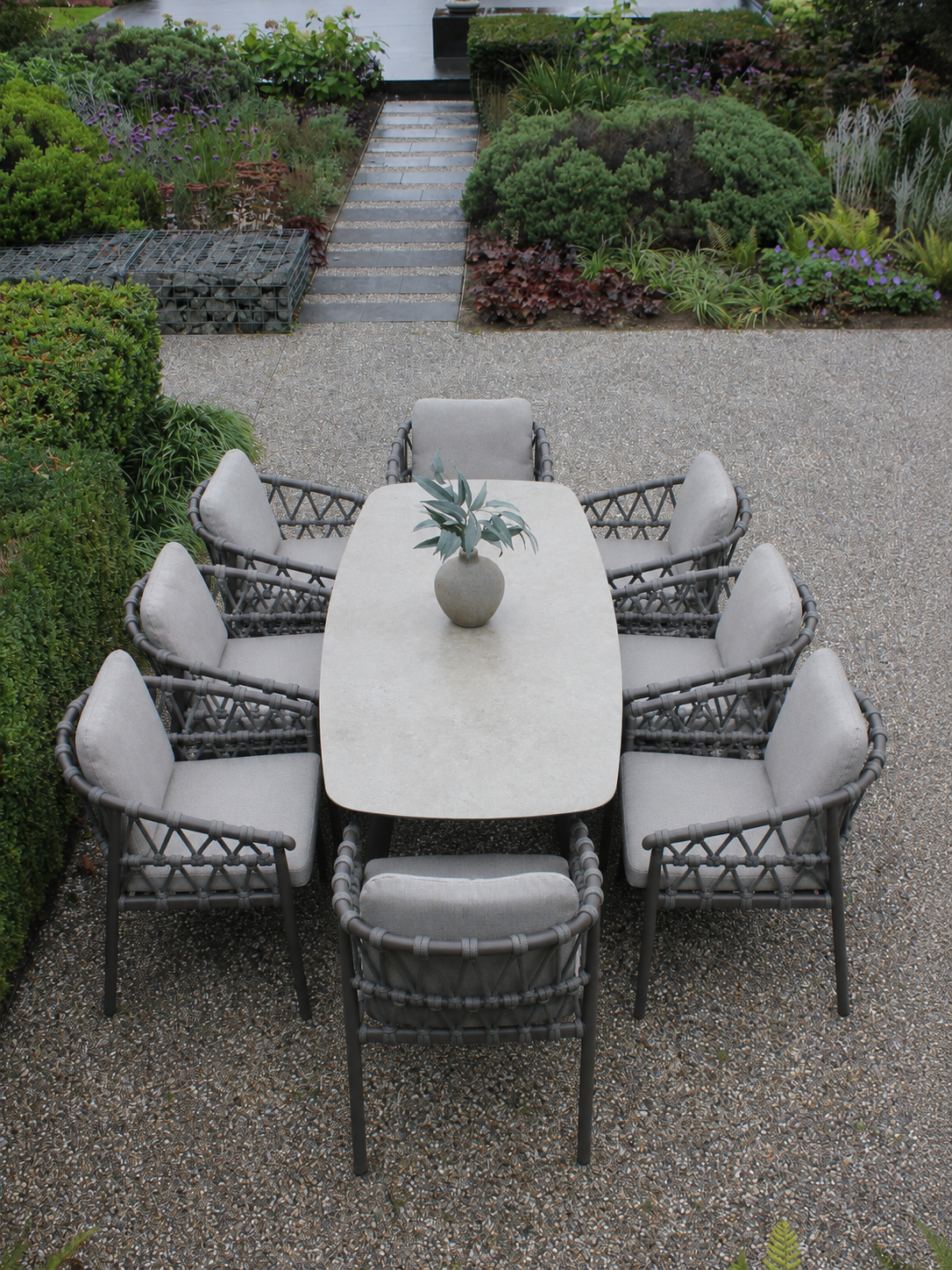 4 Seasons Outdoor Piacenza 8 Seat with Manolo 240cm Barrel Ceramic Dining Table
