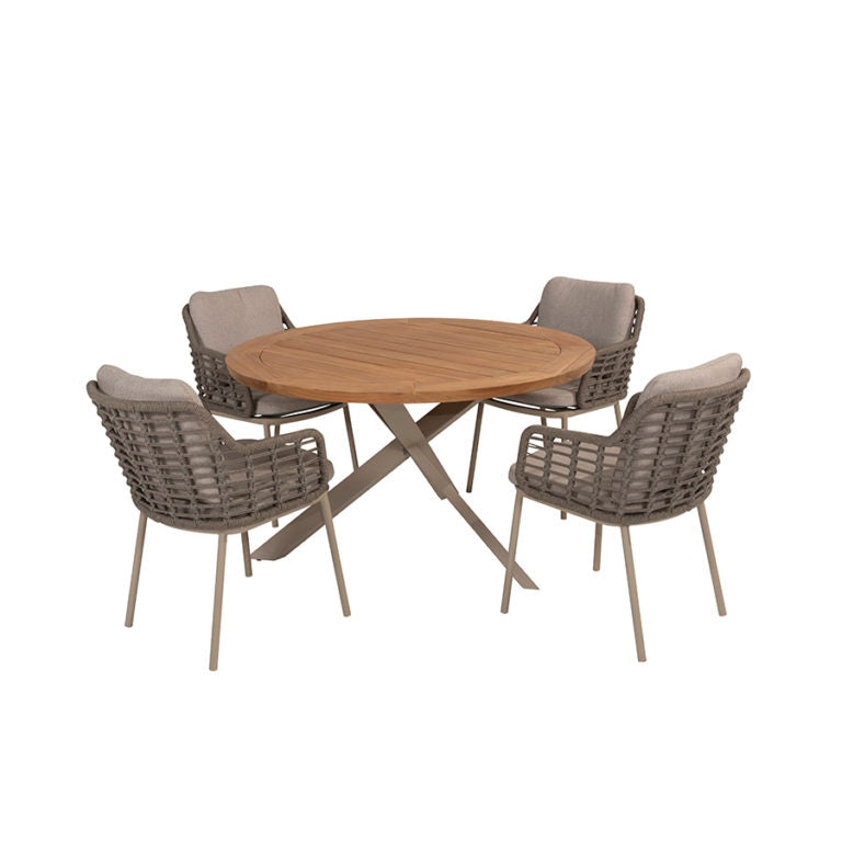 4 Season Outdoor Prado 130cm Latte Legs Teak Top Table with 4 Puglia Dining Chairs