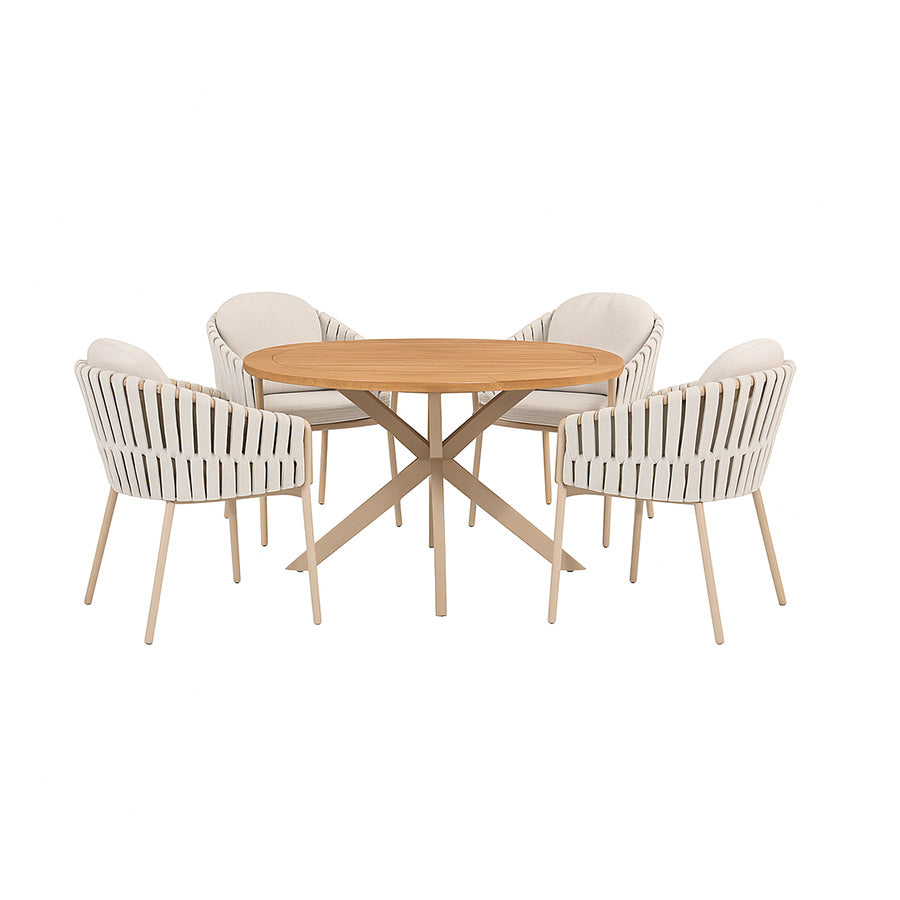 4 Season Outdoor Prado 130cm Latte Legs Teak Top Table with 4 Eva Dining Chairs