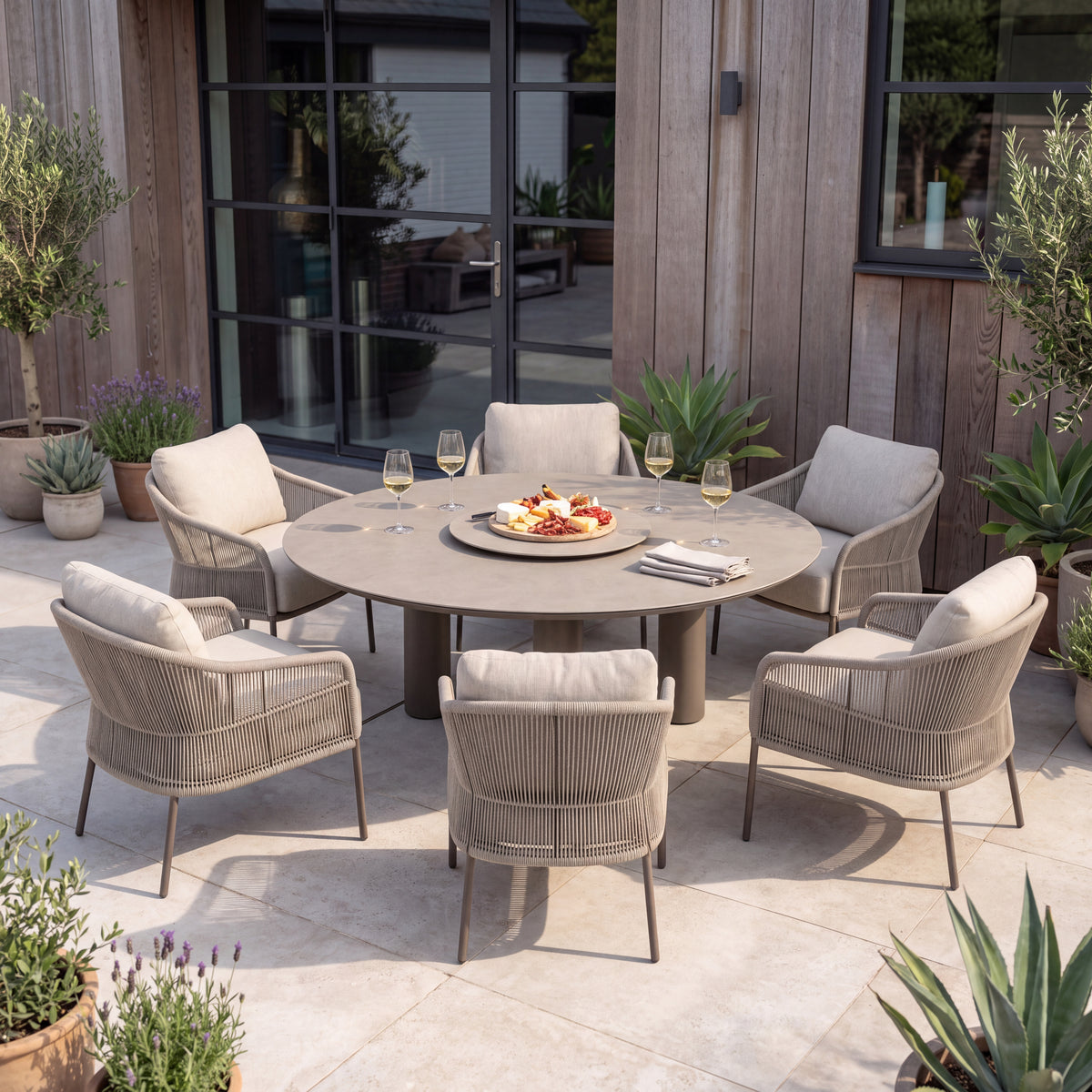 4 Seasons Outdoor Florence 6 Seat Donato 160cm Round Ceramic Low Dining Table & Lazy Susan