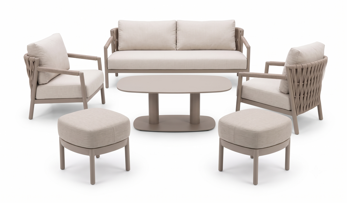 4 Seasons Outdoor Solenza 7 Seat Lounge Paros 140cm Drum Ceramic Table & Stools