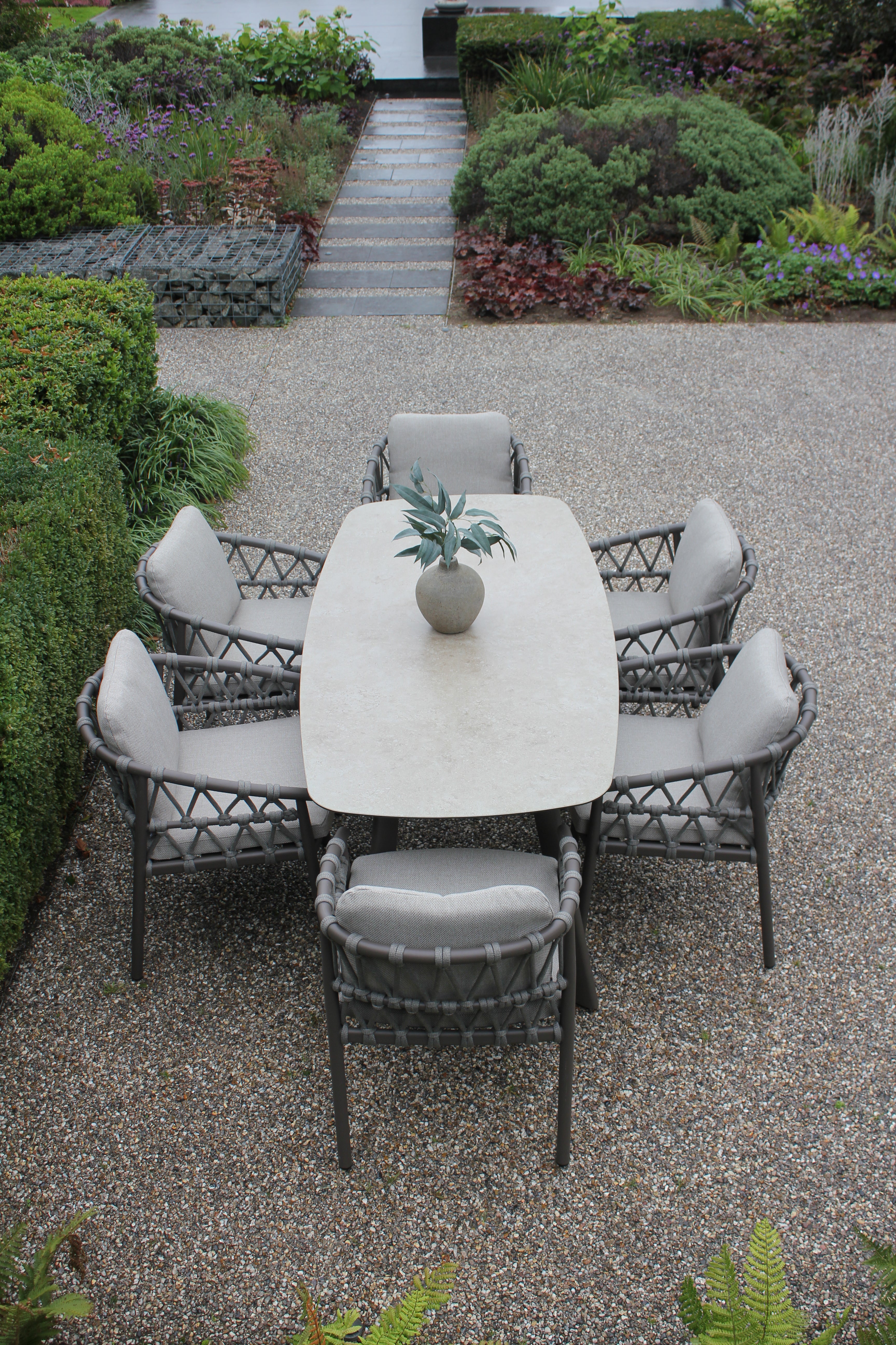4 Seasons Outdoor Piacenza 6 Seat with Manolo 180cm Barrel Ceramic Dining Table