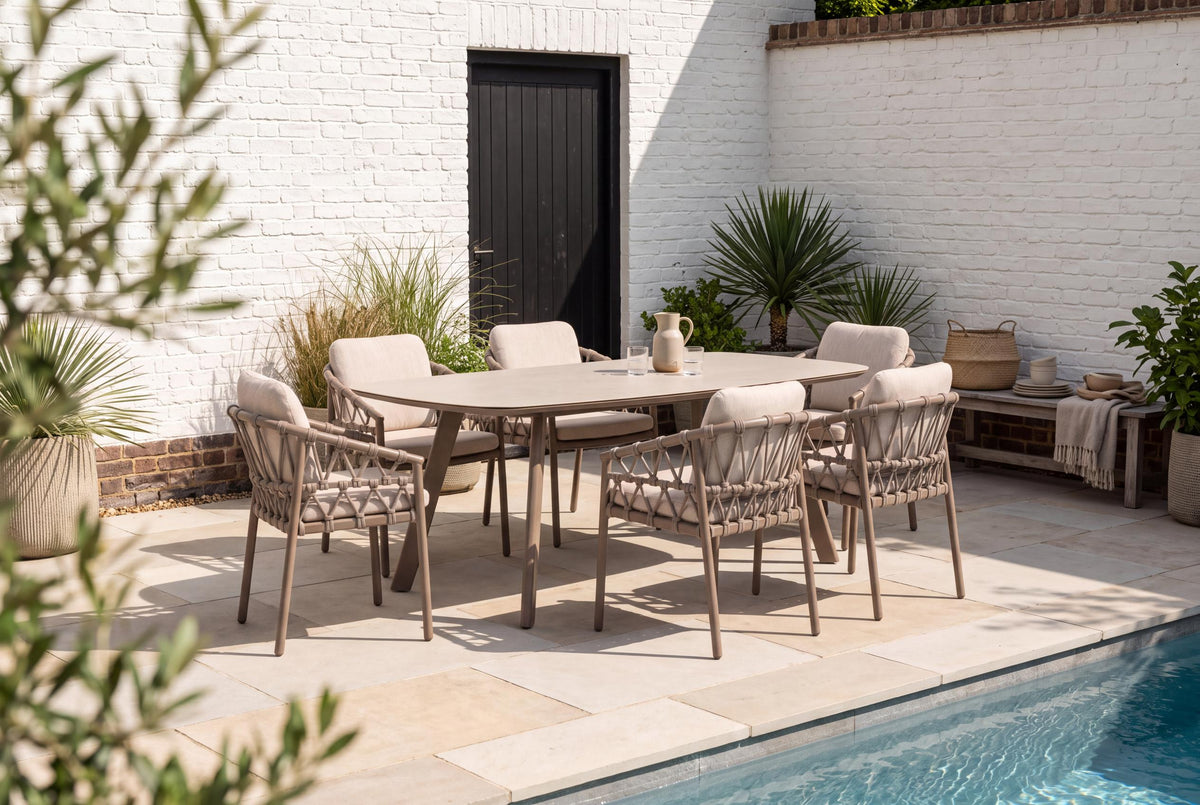 4 Seasons Outdoor Piacenza 6 Seat Manolo 240cm Barrel Ceramic Dining Table
