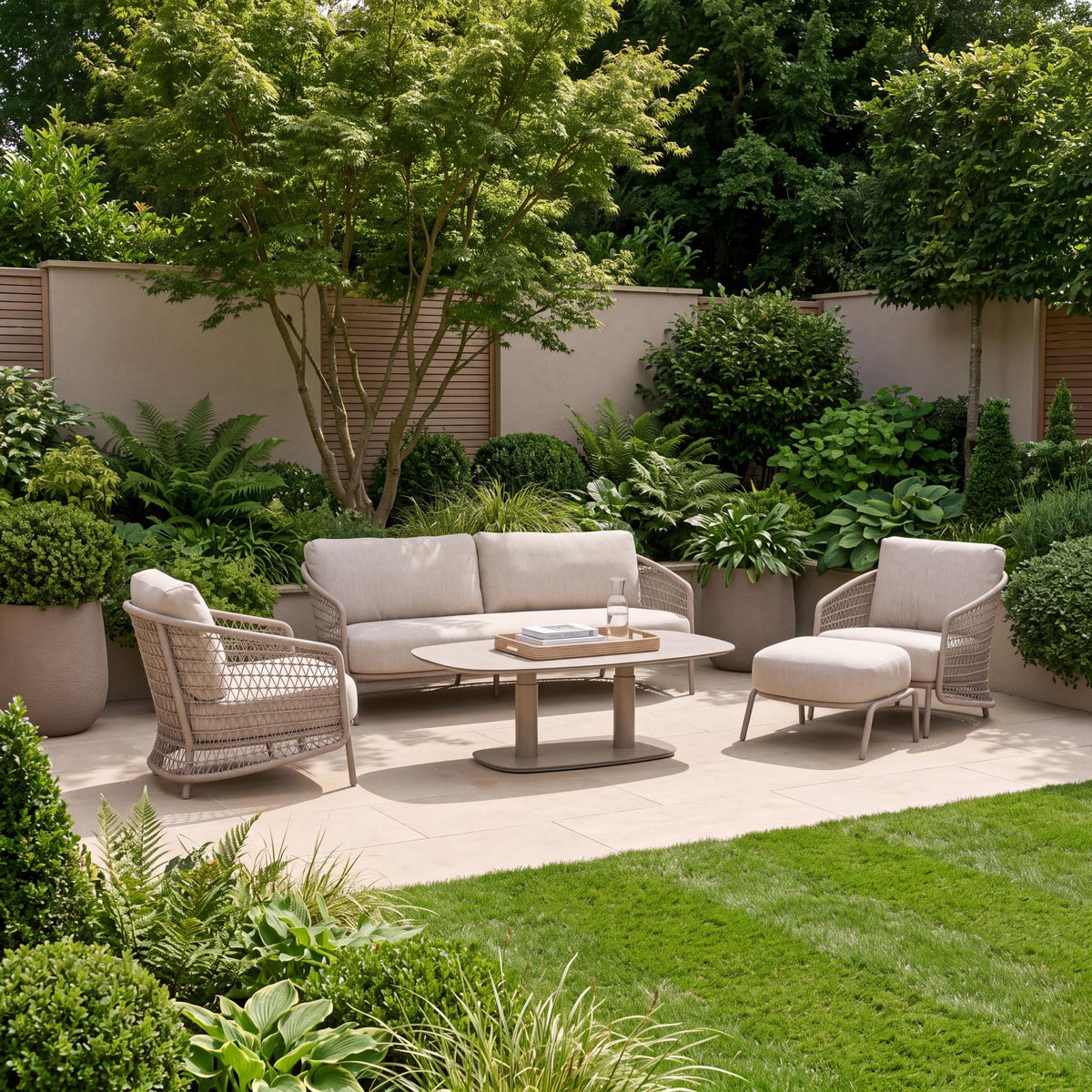 4 Seasons Outdoor Puccini 5 Seat Lounge with Paros HAT140cm Drum Ceramic Table & Footstool