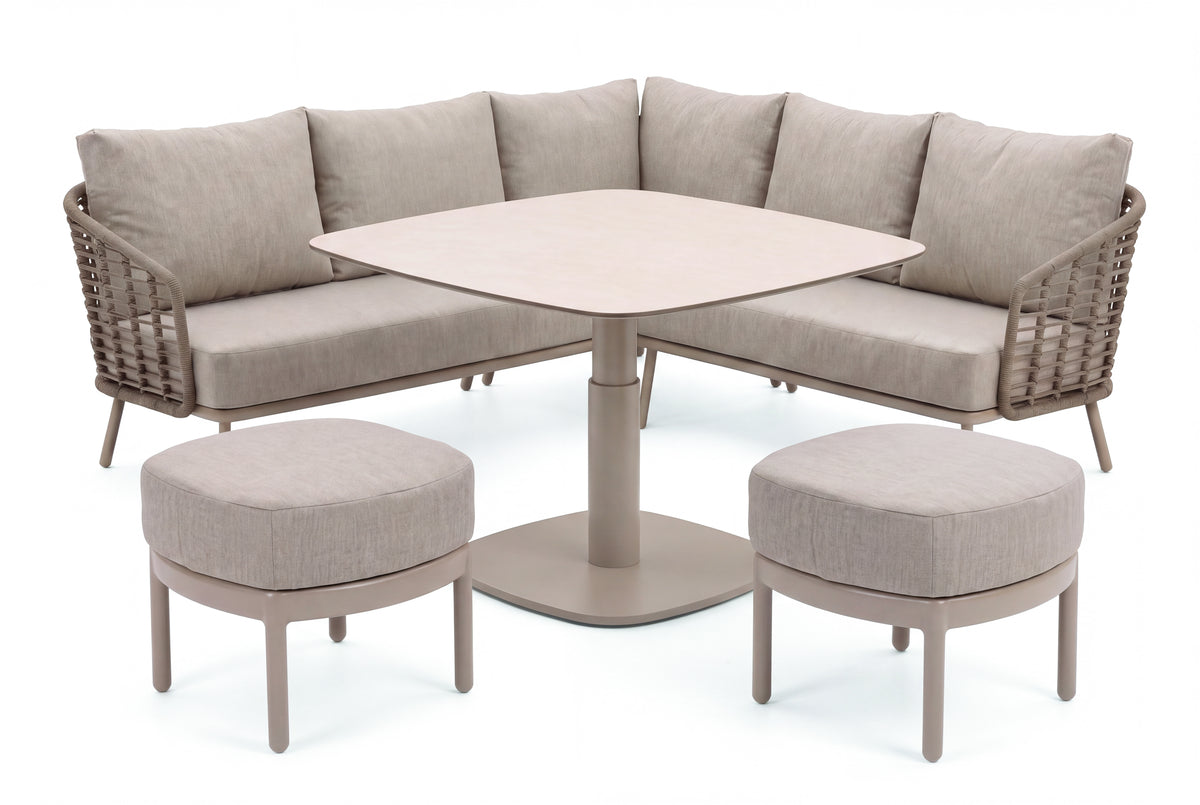 4 Seasons Outdoor Puglia 7 Seat Corner set Paros HAT100cm Drum Ceramic Table & Stools