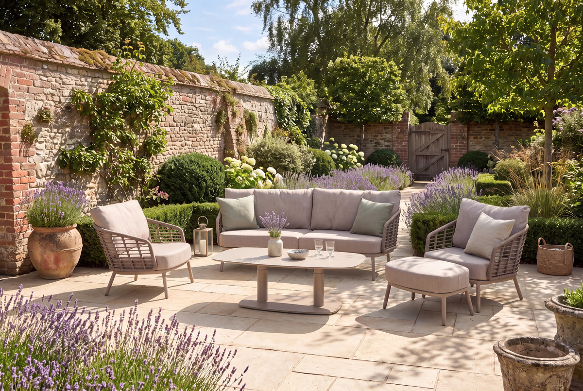 4 Seasons Outdoor Puglia 5 Seat Lounge Paros 140cm Drum Ceramic Table & Footstool