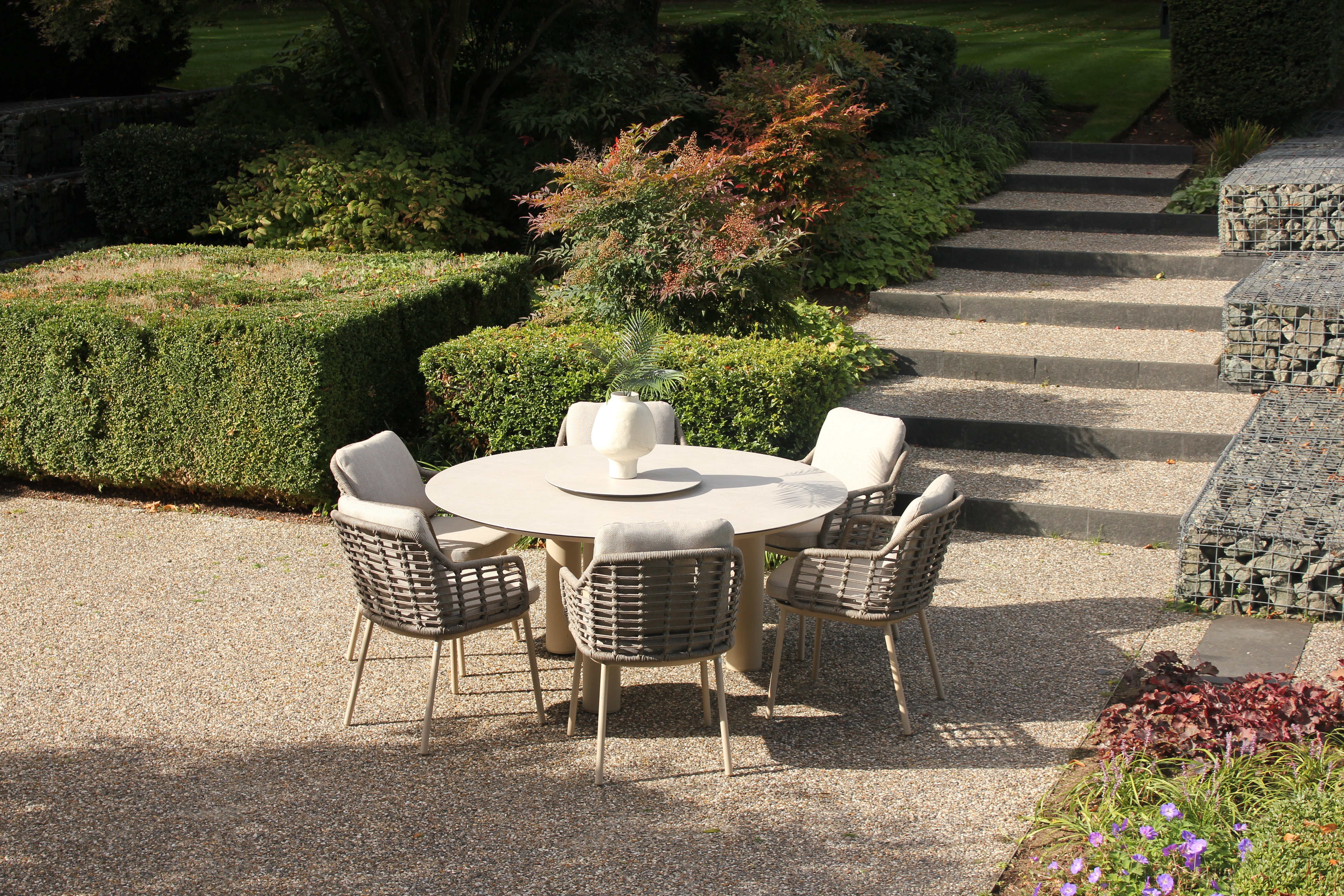 4 Seasons Outdoor Puglia Low Dining Chairs With 160cm Donato Low Dining Table and Lazy Susan