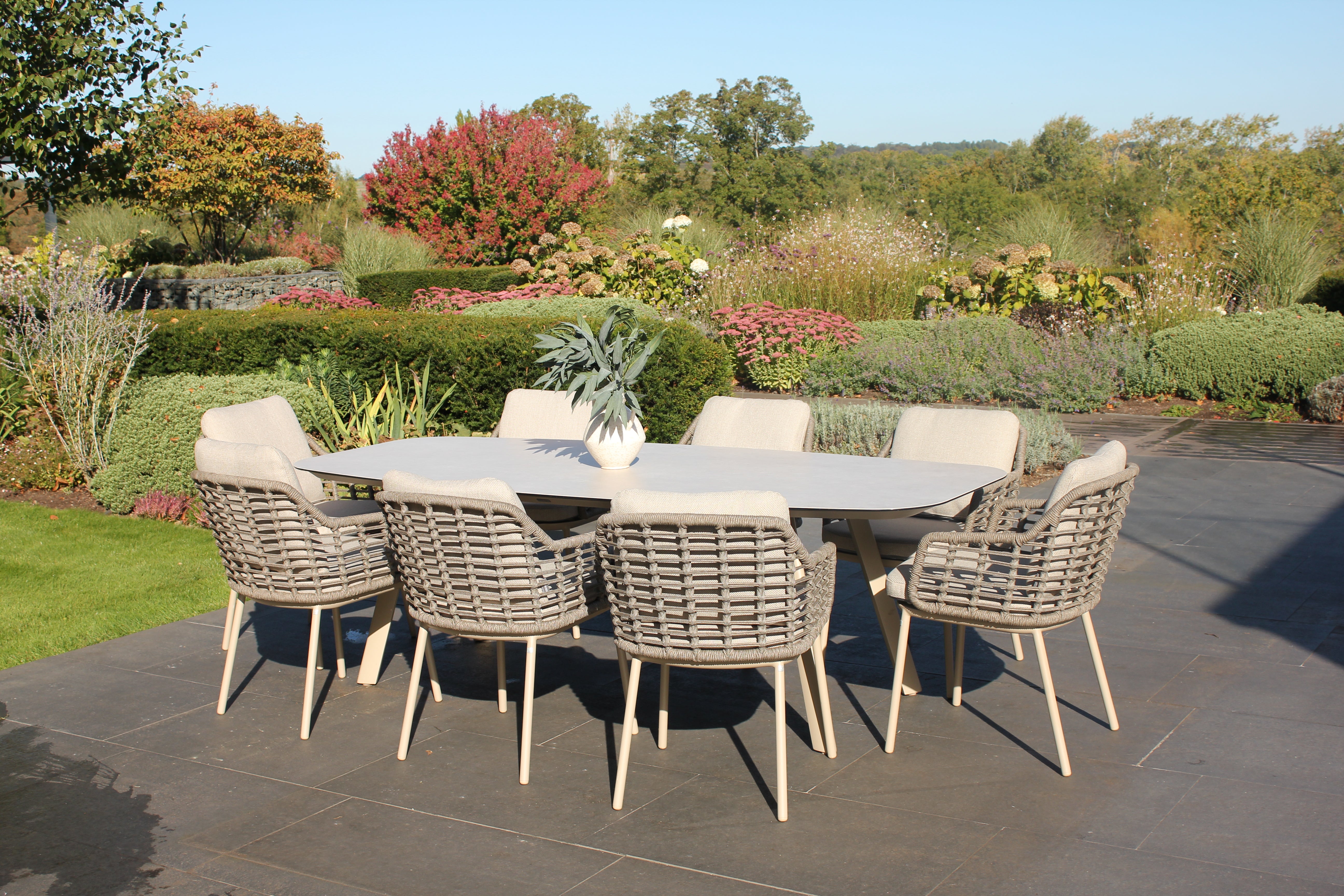 4 Seasons Outdoor Puglia 8 Seat with Manolo 240cm Barrel Ceramic Dining Table