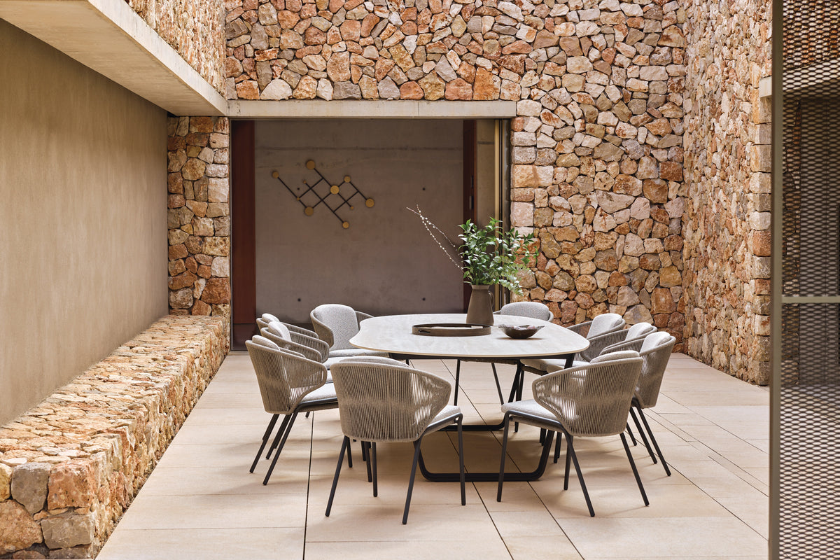 Showroom Special Offer | Manutti Radoc Set of 8 Dining Chairs – Lava Frame With Bronze Rope & Chalky Brown Cushions