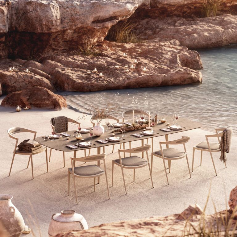Styletto Standard Dining Table Ø 160cm Teak Legs Ceramic Top Pearl Grey