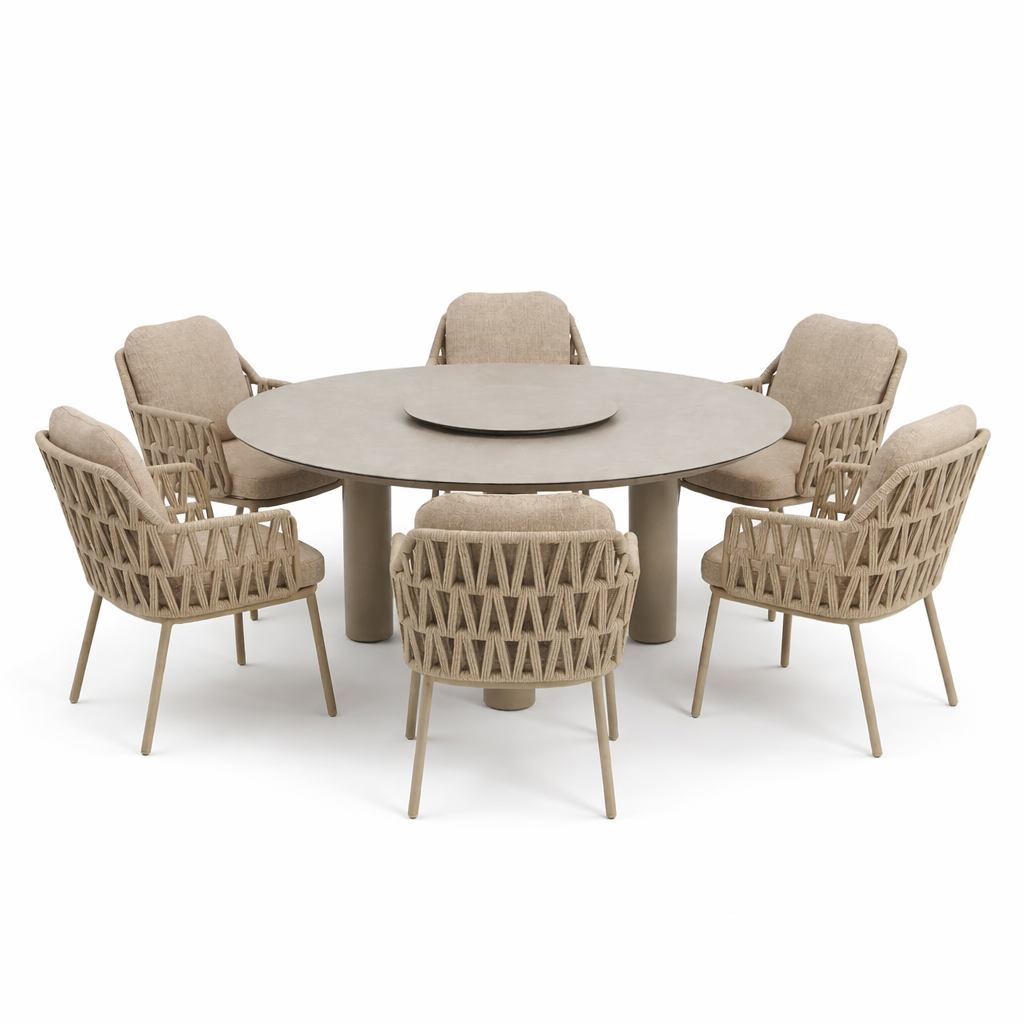 4 Seasons Outdoor Santino 6 Seat Donato 160cm Round Ceramic Dining Table & Lazy Susan