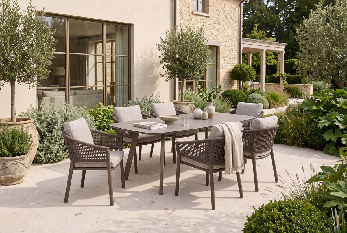 4 Seasons Outdoor Virello 6 Seat Manolo 240cm Barrel Ceramic Dining Table