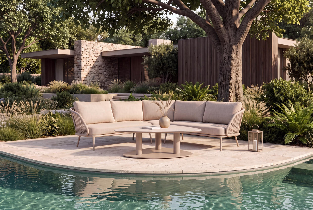4 Seasons Outdoor Wave 5 Seat Corner set Pebble Hat140x90cm Ceramic Table