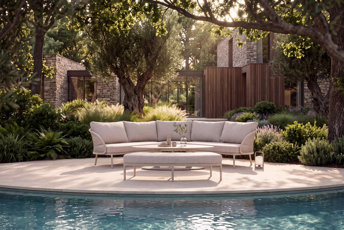 4 Seasons Outdoor Wave 5 Seat Corner set Pebble Hat140x90cm Ceramic Table & Bench