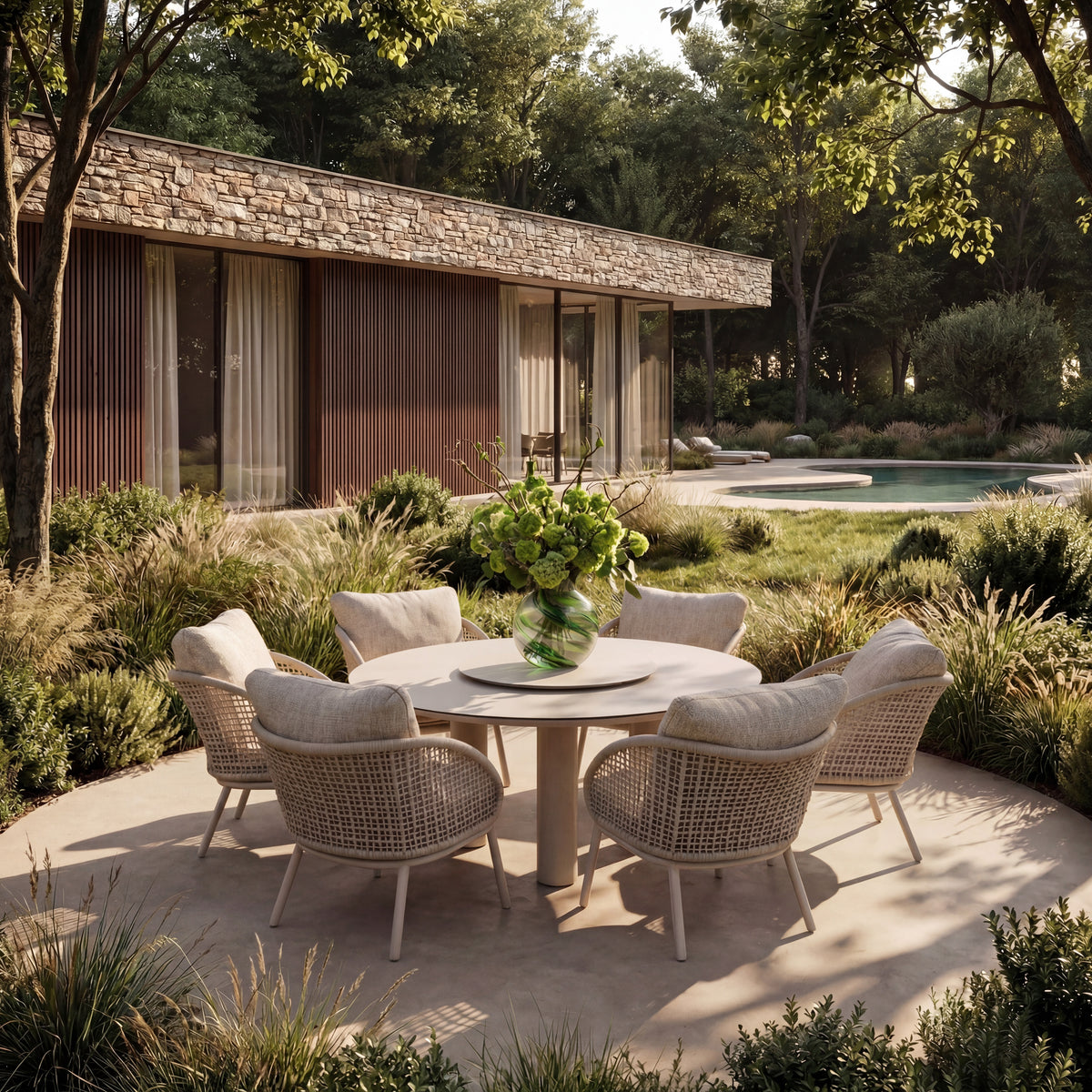 4 Seasons Outdoor Wave 6 Seat Donato 160cm Round Ceramic Low Dining Table & Lazy Susan
