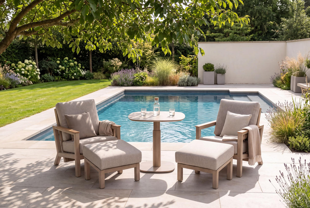 4 Seasons Outdoor Xara 2 Seat Relax Paros HAT75cm Drum Ceramic Dining Table & Footstools