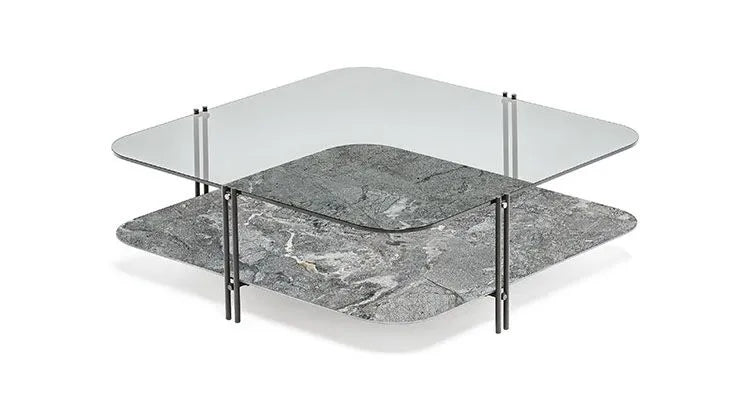 Square - 122 x 122 x 40h cm_Fumé Glass._Taj Mahal_Titanium Embossed