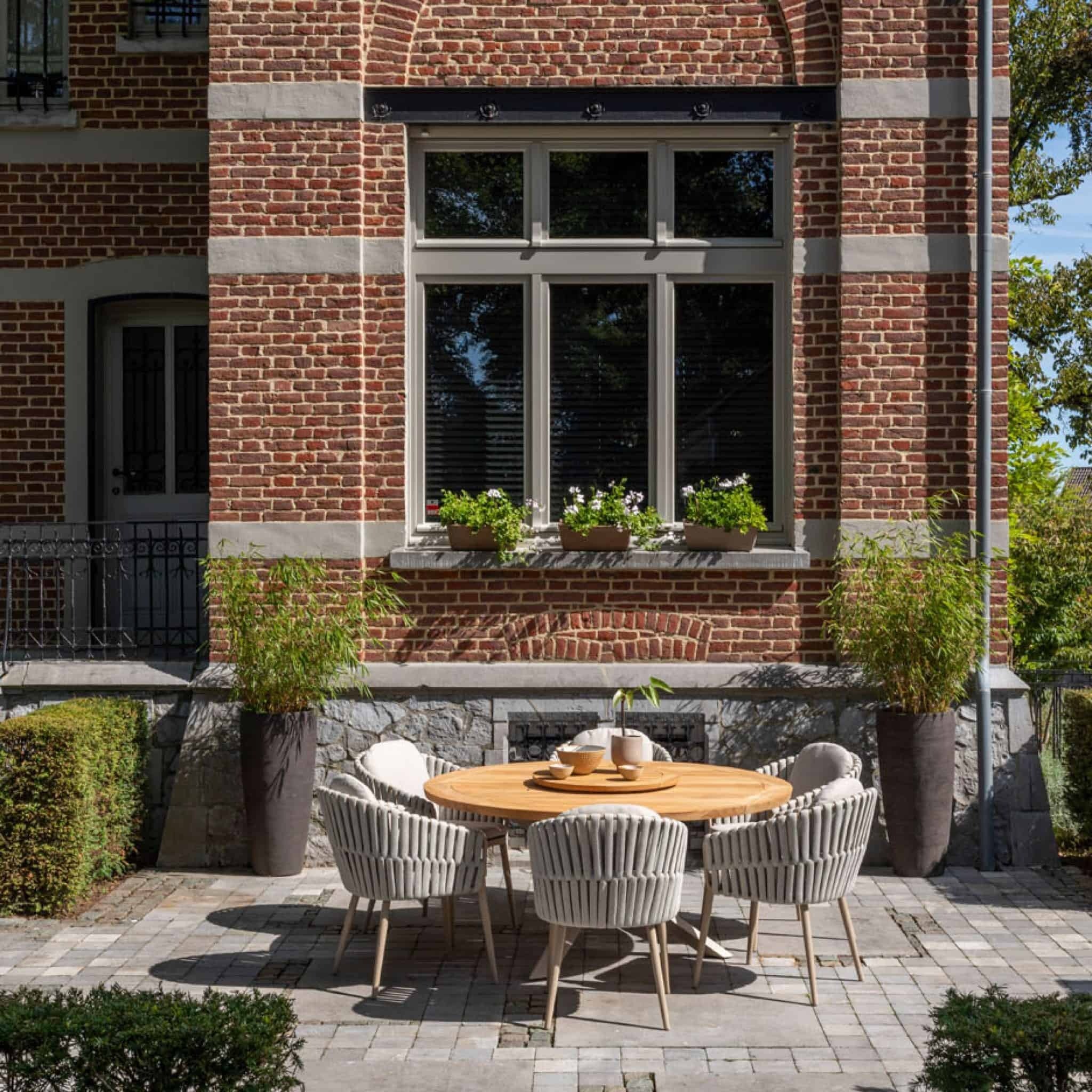 4 Season Outdoor Prado 160cm Latte Legs Teak Top Table with 6 Eva Dining Chairs