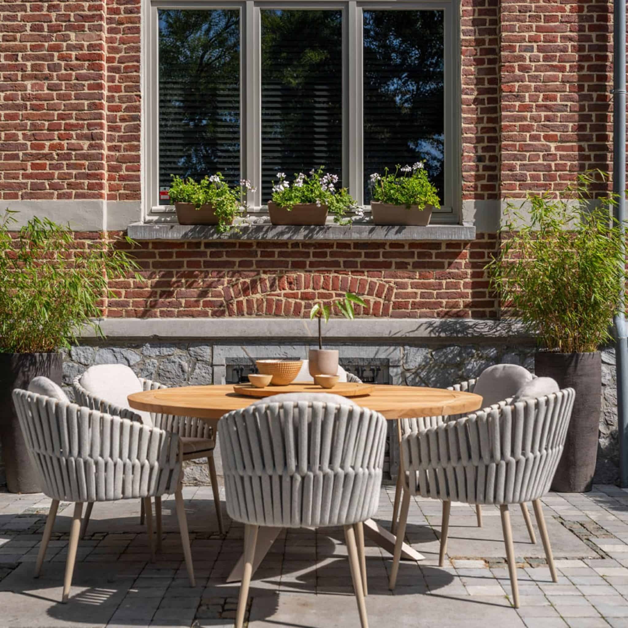 4 Season Outdoor Prado 160cm Latte Legs Teak Top Table with 6 Eva Dining Chairs