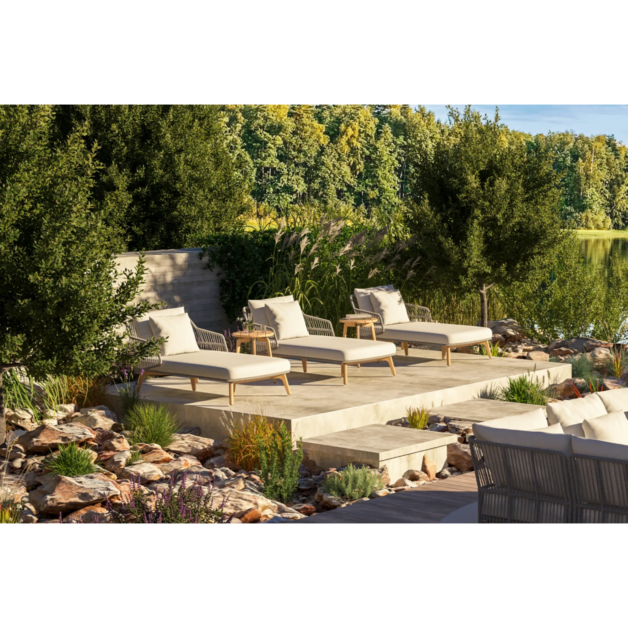 4 Seasons Outdoor Sempre Sunbed Teak Silver Grey With 3 Cushions